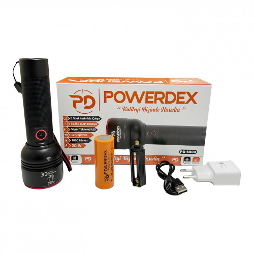Powerdex PD-6900 LED El Feneri - 2000mAh Powerbank, Flaş - SOS, Teleskopik Yakınlaştırma